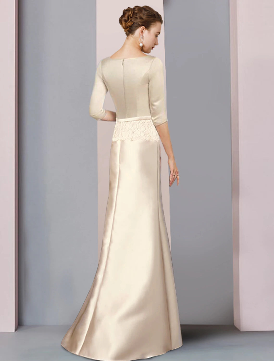 Wholesale  Sheath / Column Mother of the Bride Dress Wedding Guest Vintage Elegant V Neck Floor Length Satin Lace 3/4 Length Sleeve with Sash / Ribbon Bow(s)
